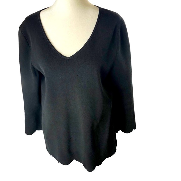 Talbots Scallop Hems Cotton Modal VNeck Popover Top Women L Black - Picture 1 of 9